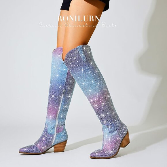 Women Blue&pink Faux Leather Sparkly Bling Rhinestone Over the Knee Cowboy Boots - Picture 10 of 10